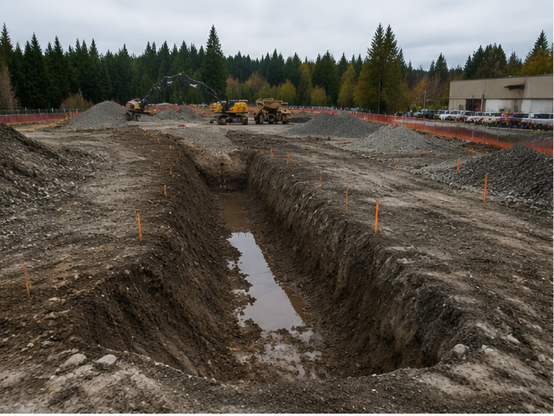 Commercial Land Clearing & Site Prep in Federal Way — Trench open